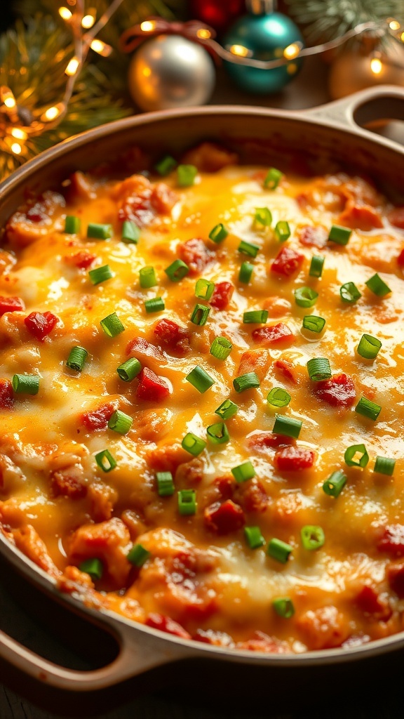 A golden brown Christmas Eve casserole with melted cheese and green onions, set in a festive holiday scene.